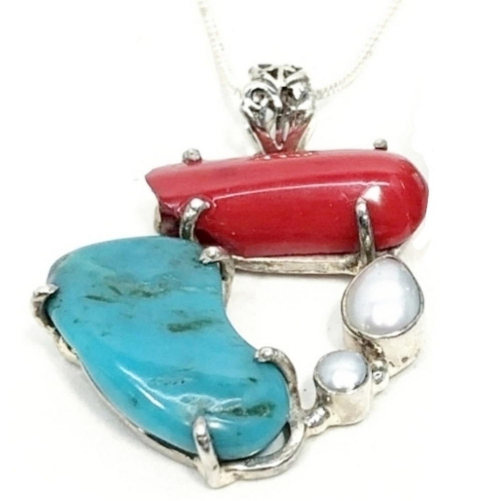 925 Sterling Silver Turquoise MOP Coral Southwest Style Necklace Pendant